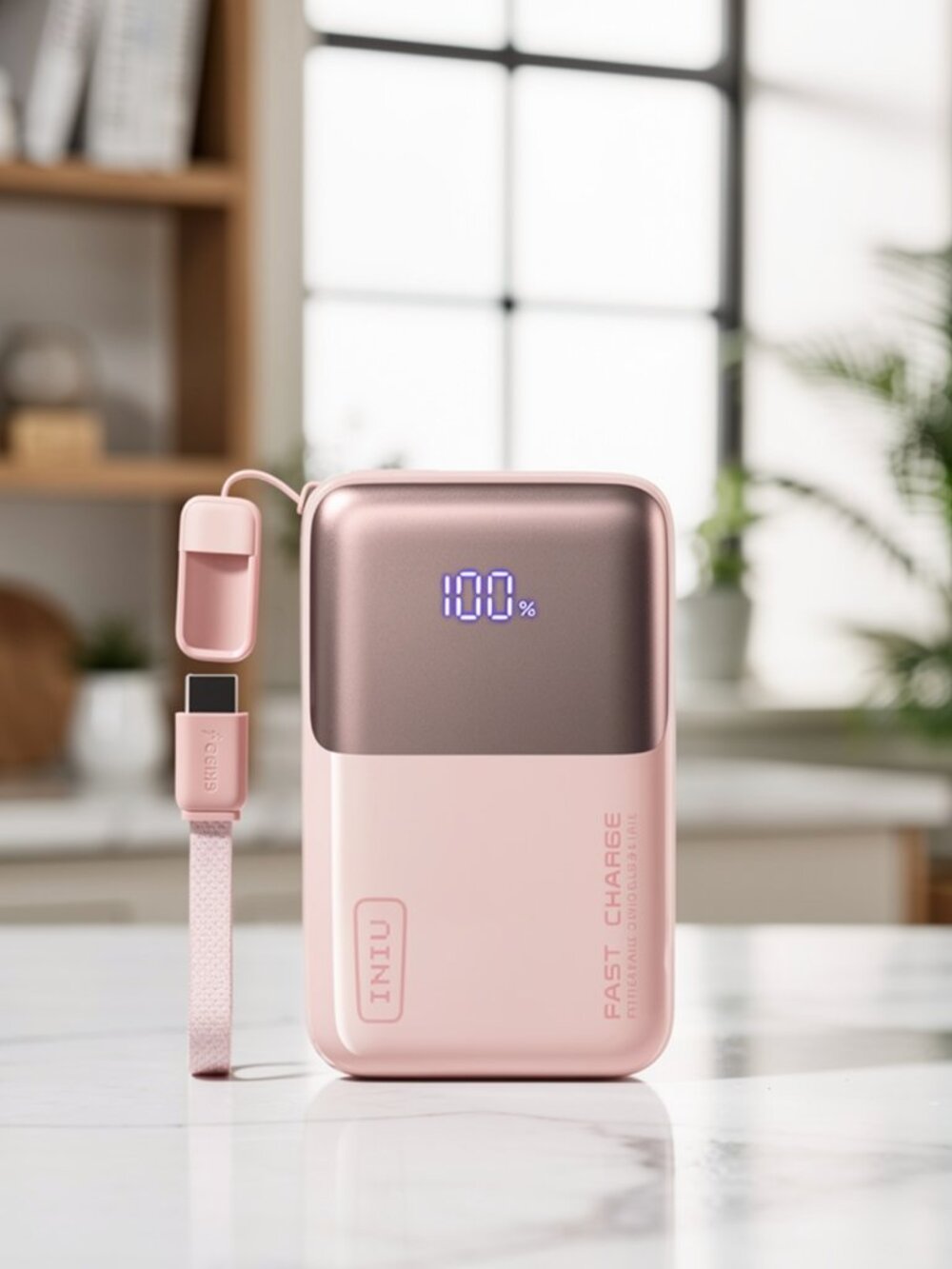 INIU 10000mAh 45W Ultra Mini Portable Charger Power Bank with Cable - Pink